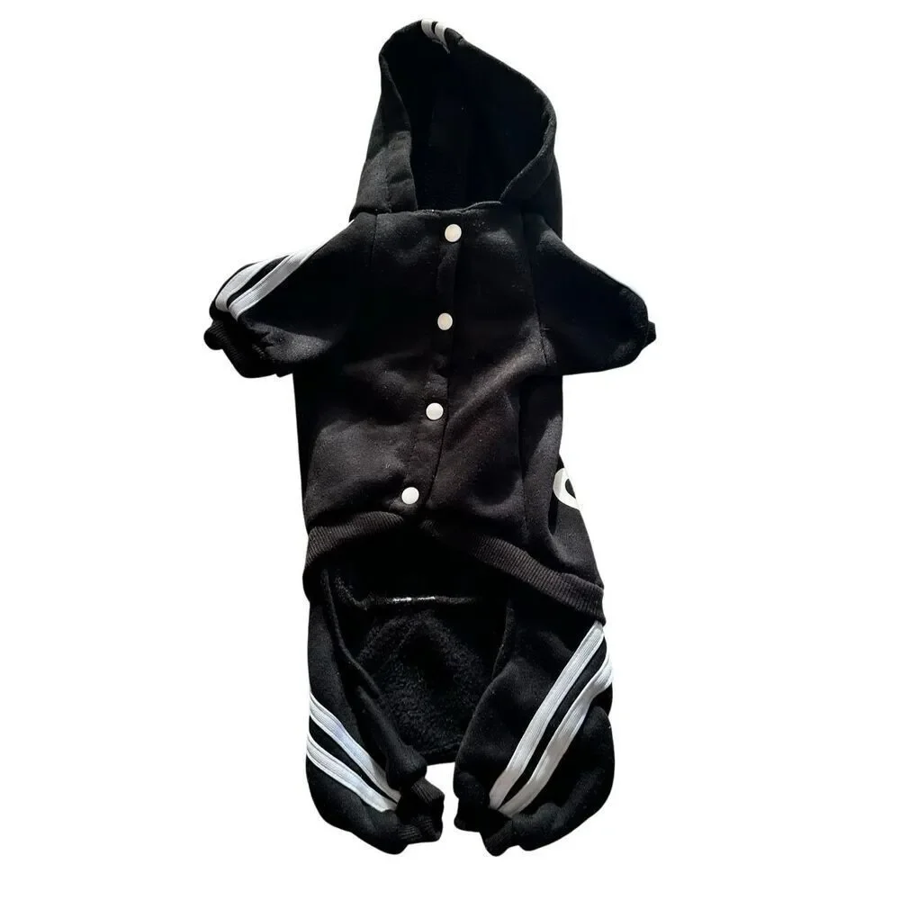 Adidog Sporty Pet Hoodie Tracksuit - Black/White 3-Stripe Dog Jumpsuit Size - Sm